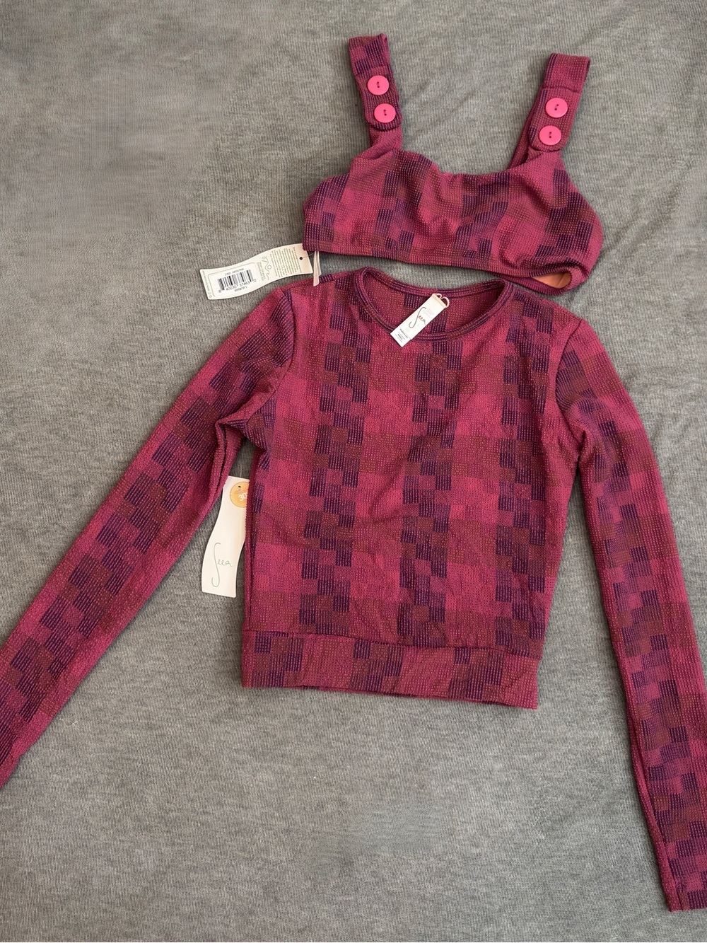 Seea Pink & Purple Check Scoop Neck Rash guard with Matching Swim Bralette
